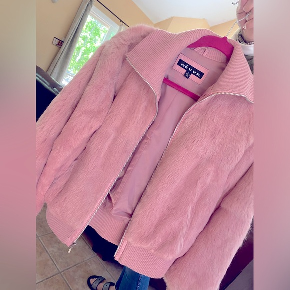 Baby Pink Rabbit Fur Bomber Jacket - Picture 1 of 7